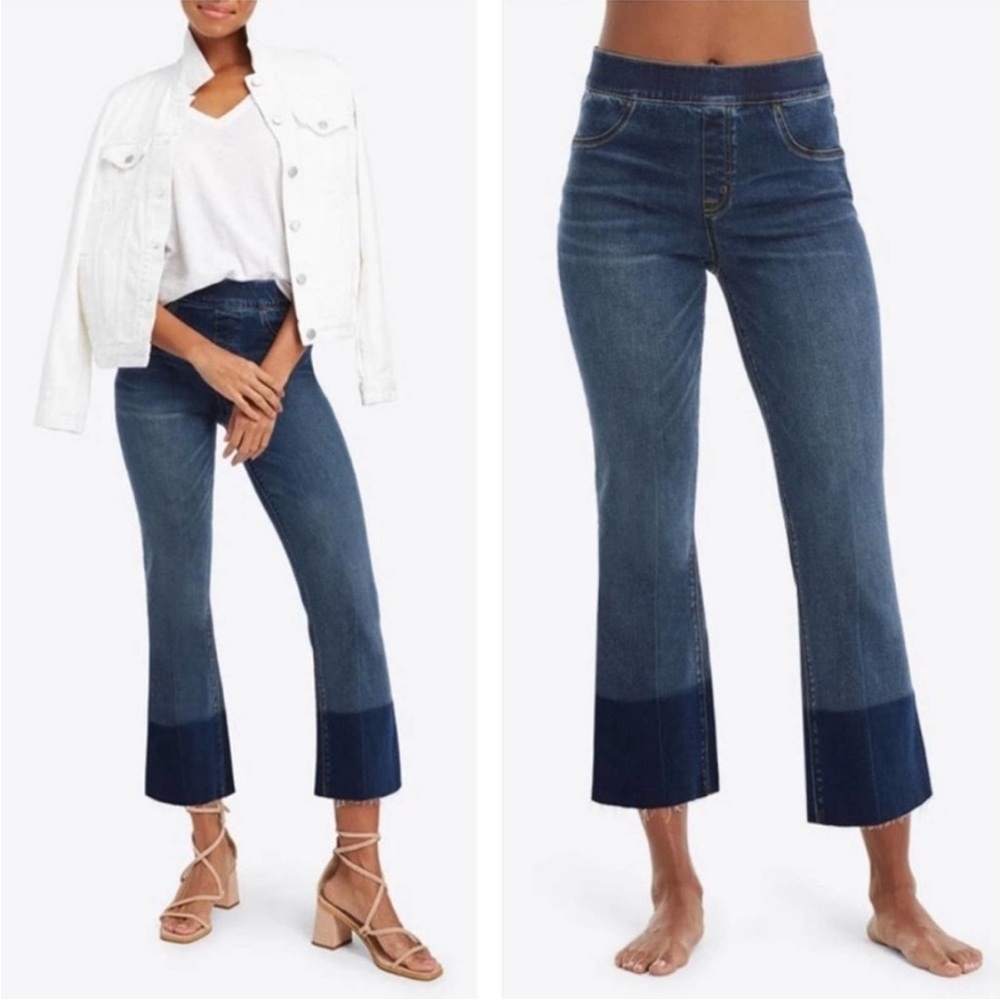 SPANX Two-Tone Cropped Flare Jeans in Dark and Deep Indigo